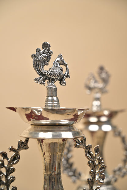 German Silver Traditional Lighting Lamp – Handcrafted Deepam for Pooja, Temple & Festive Décor