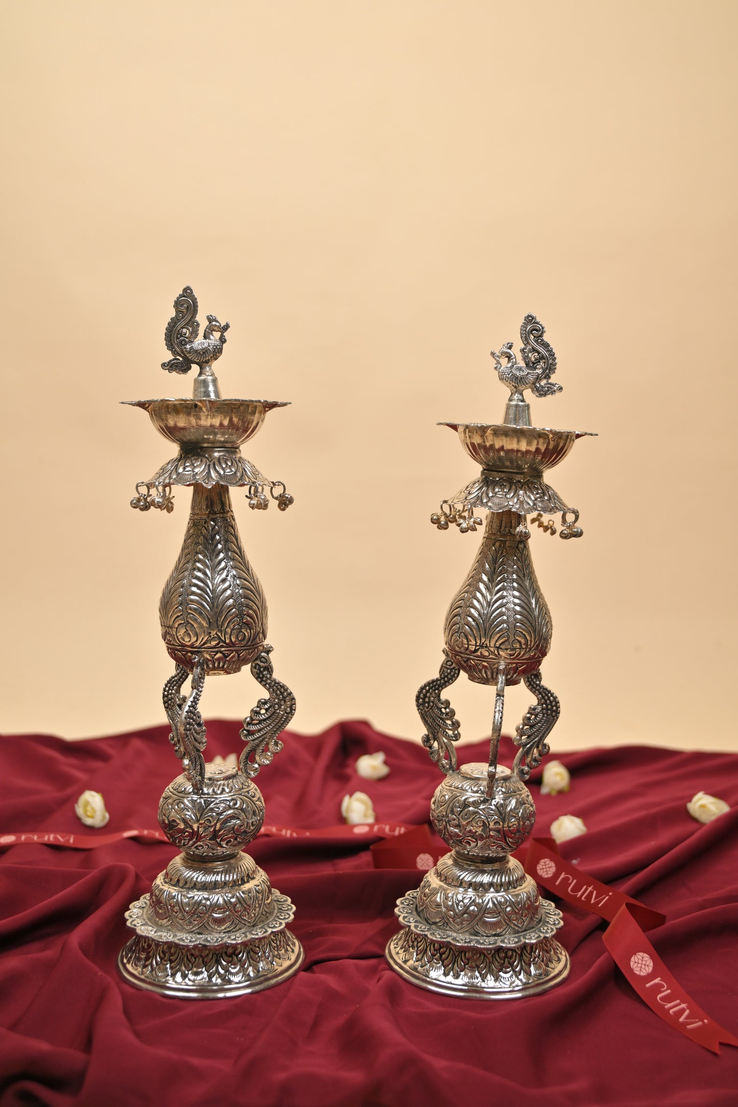 German Silver Peacock Hanging Bell Deepam Pair – Traditional Decorative Pooja Lamps
