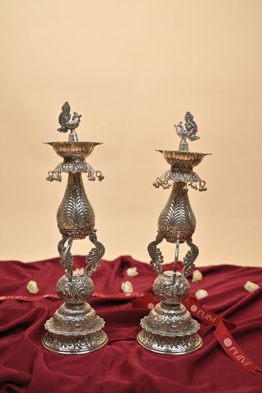 German Silver Peacock Hanging Bell Deepam Pair – Traditional Decorative Pooja Lamps