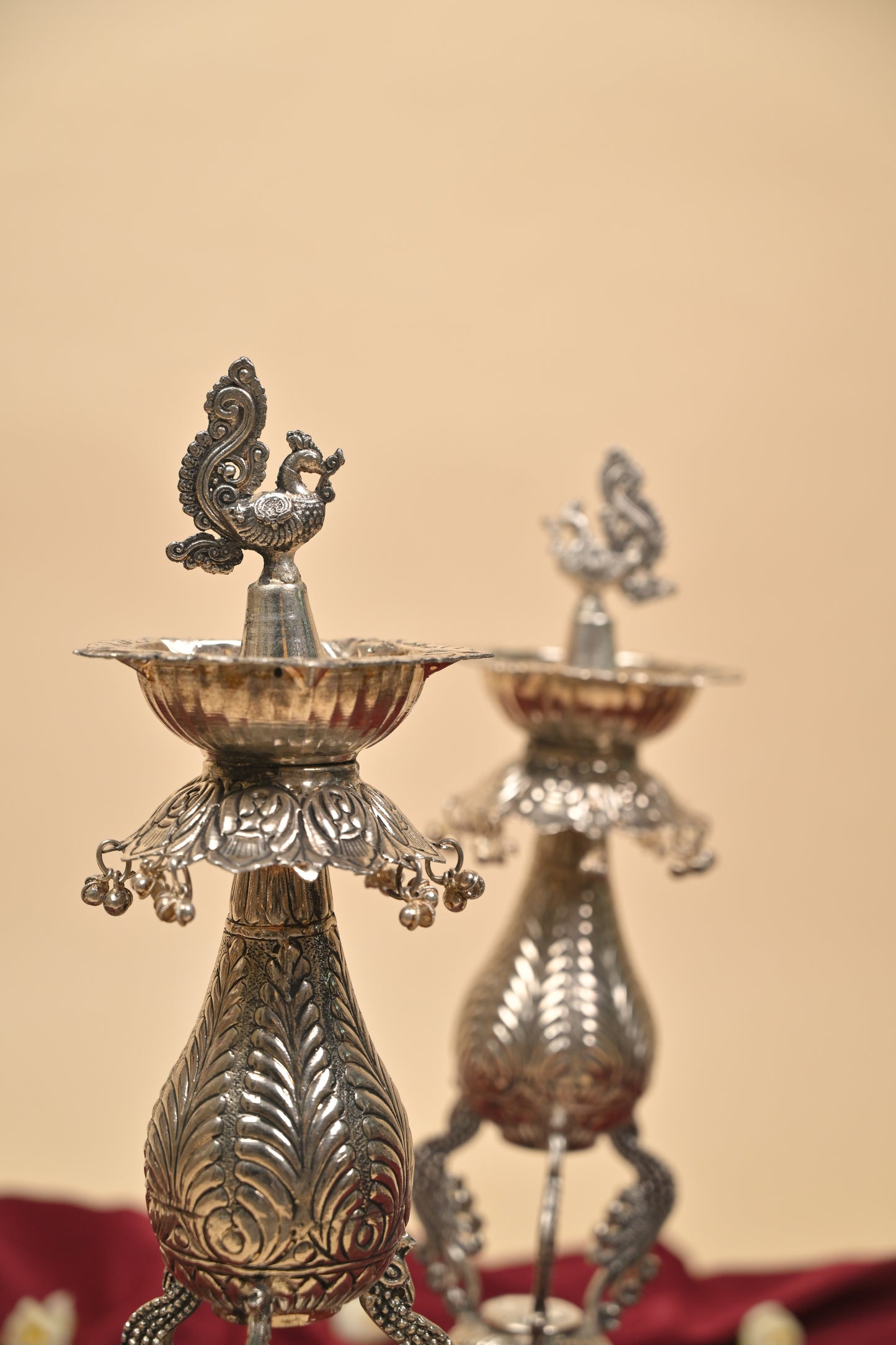 German Silver Peacock Hanging Bell Deepam Pair – Traditional Decorative Pooja Lamps