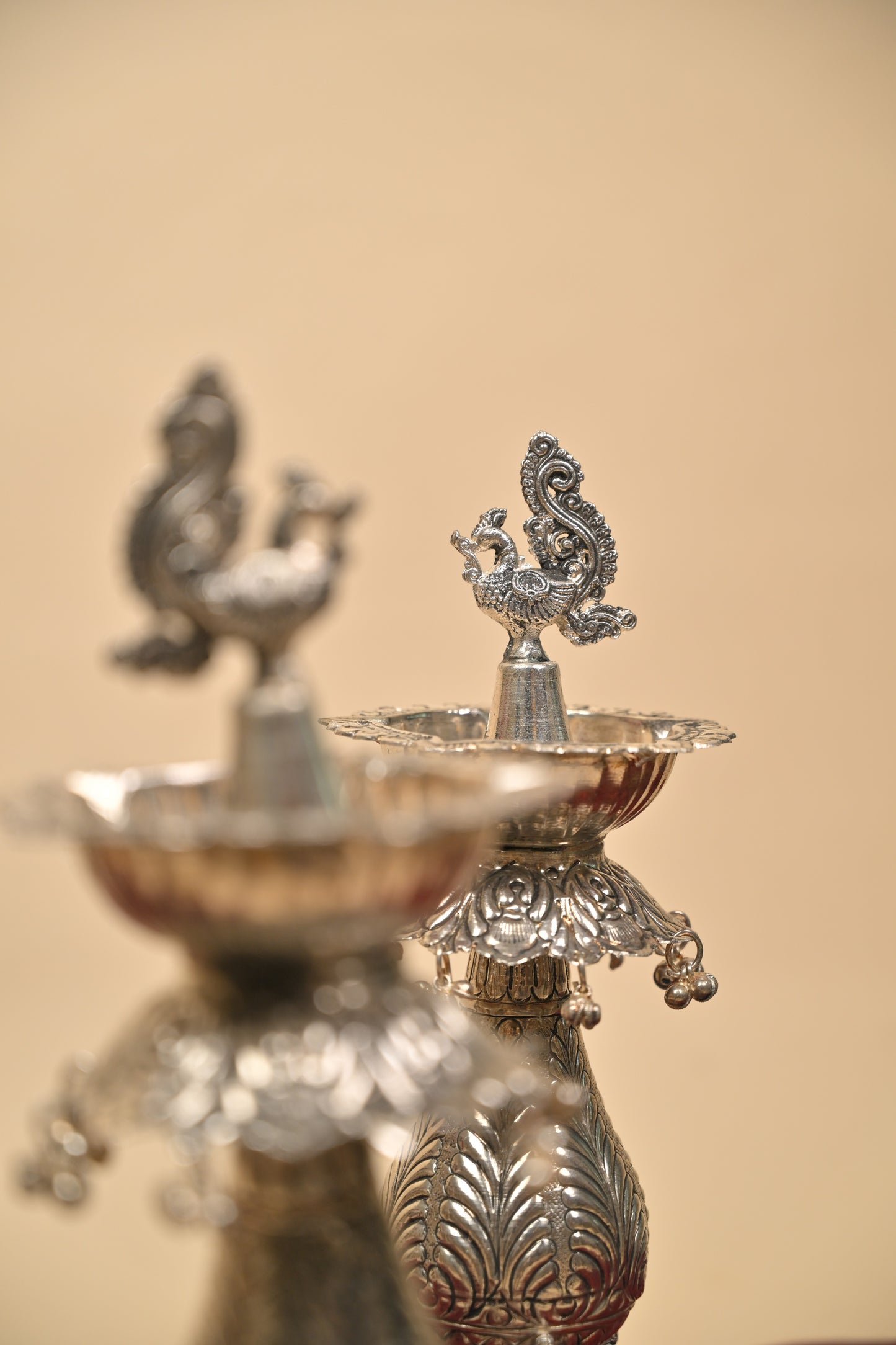 German Silver Peacock Hanging Bell Deepam Pair – Traditional Decorative Pooja Lamps