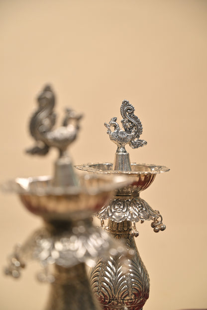 German Silver Peacock Hanging Bell Deepam Pair – Traditional Decorative Pooja Lamps
