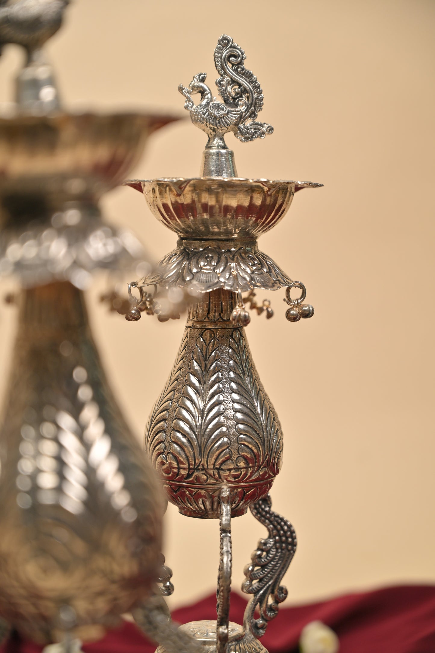 German Silver Peacock Hanging Bell Deepam Pair – Traditional Decorative Pooja Lamps