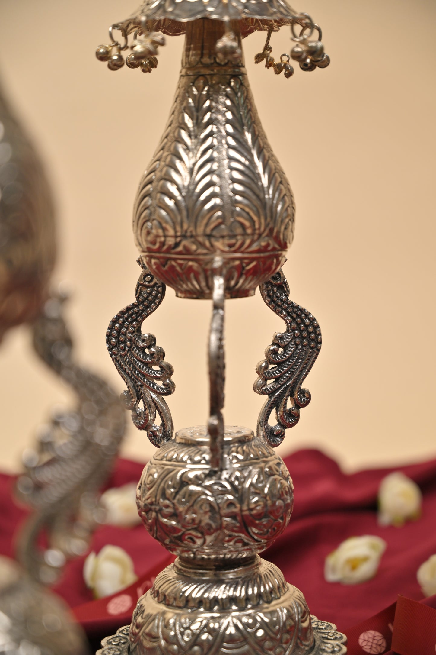 German Silver Peacock Hanging Bell Deepam Pair – Traditional Decorative Pooja Lamps