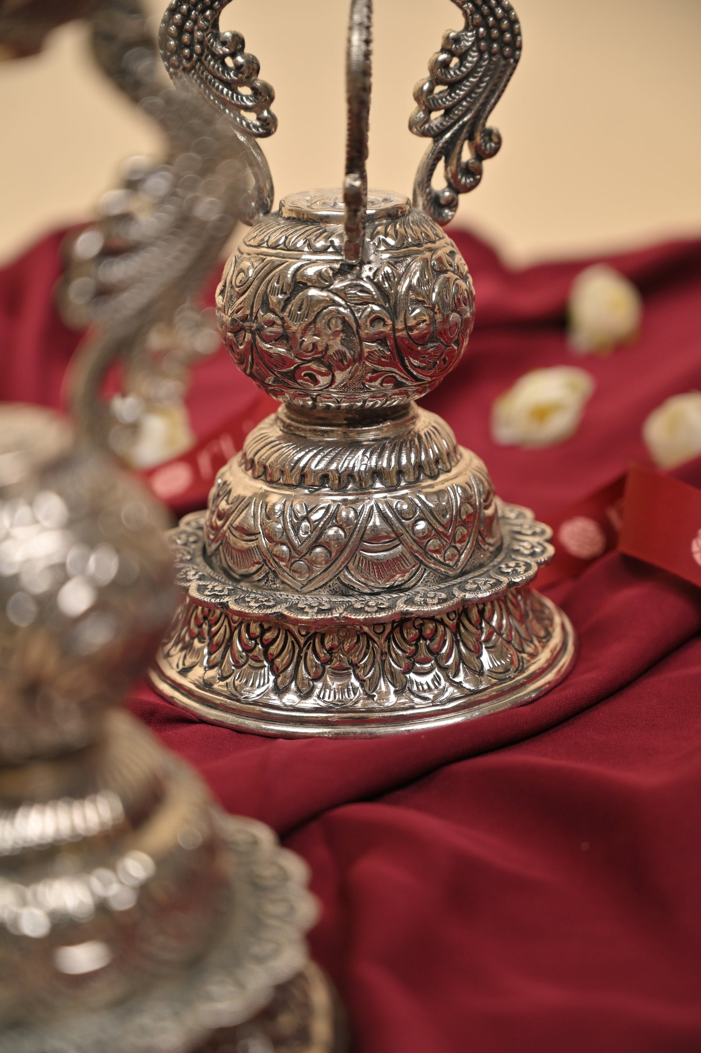 German Silver Peacock Hanging Bell Deepam Pair – Traditional Decorative Pooja Lamps