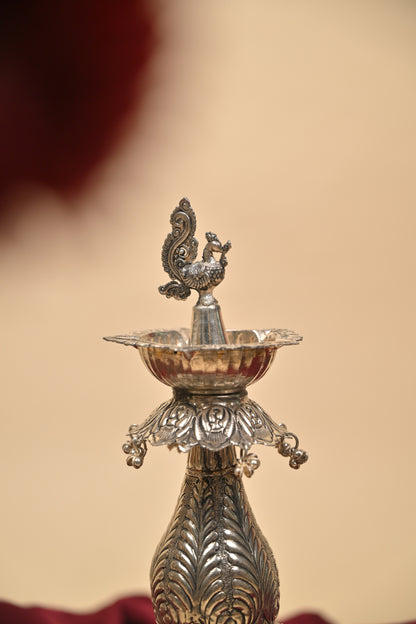 German Silver Peacock Hanging Bell Deepam Pair – Traditional Decorative Pooja Lamps