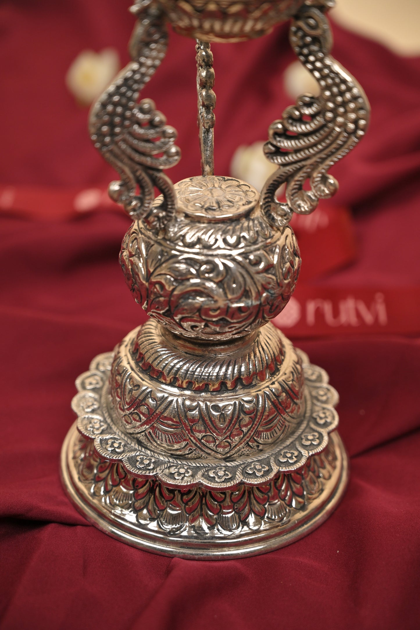 German Silver Peacock Hanging Bell Deepam Pair – Traditional Decorative Pooja Lamps