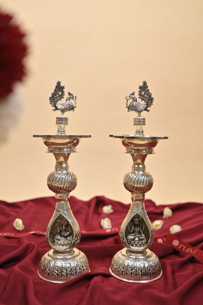 German Silver Lakshmi Ganesha Peacock Deepam Pair – Traditional Decorative Pooja Oil Lamps