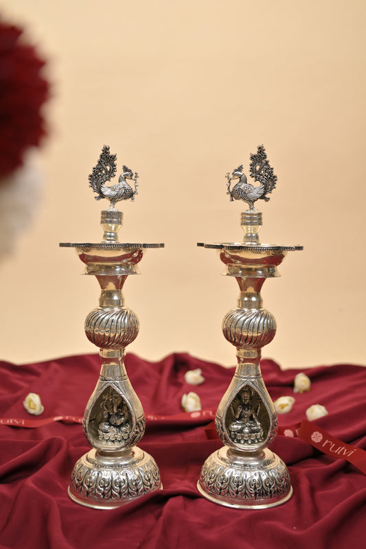 German Silver Lakshmi Ganesha Peacock Deepam Pair – Traditional Decorative Pooja Oil Lamps