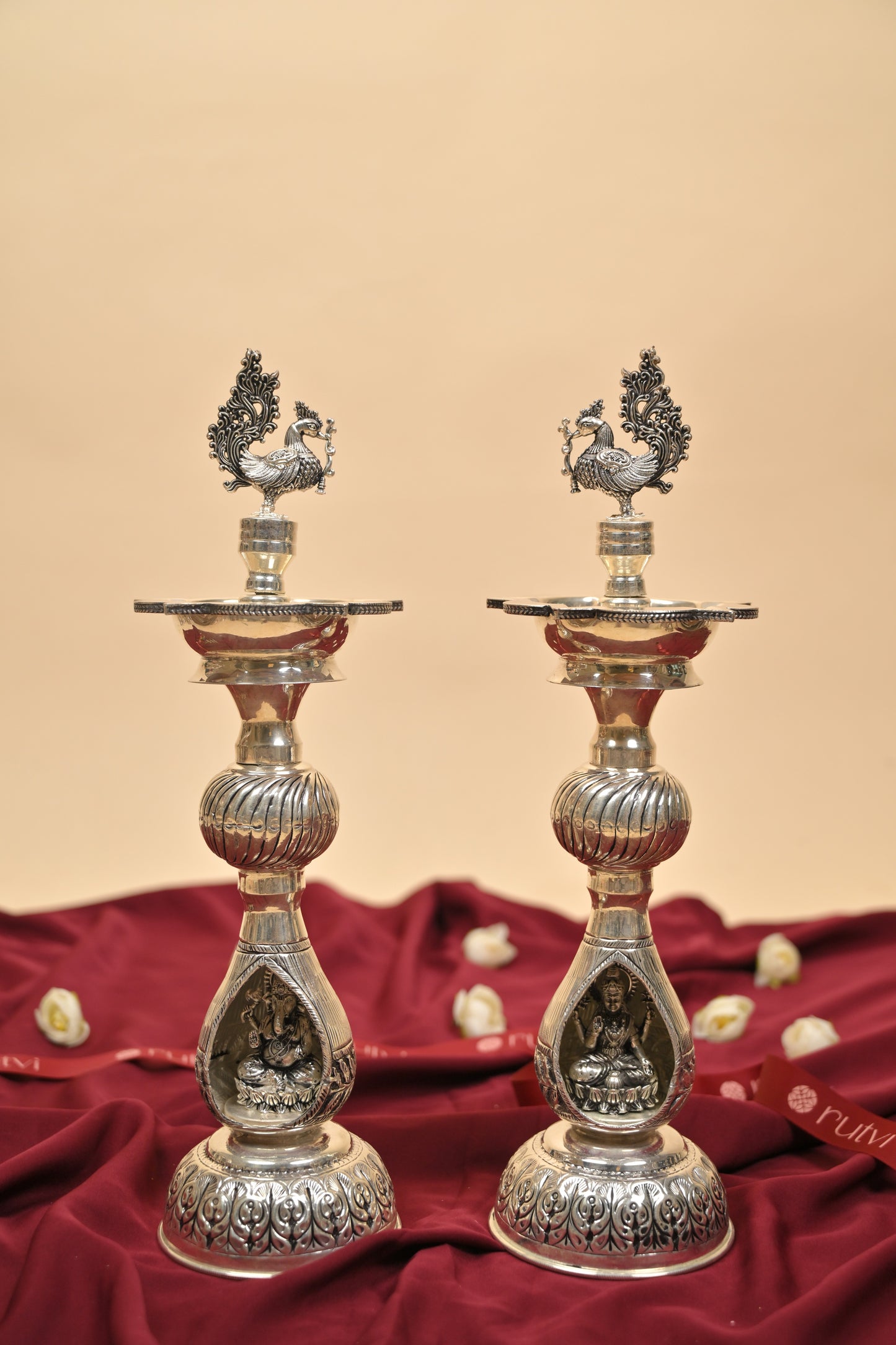German Silver Lakshmi Ganesha Peacock Deepam Pair – Traditional Decorative Pooja Oil Lamps