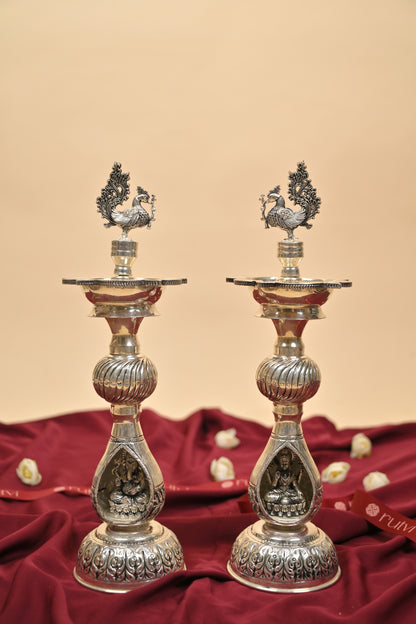 German Silver Lakshmi Ganesha Peacock Deepam Pair – Traditional Decorative Pooja Oil Lamps