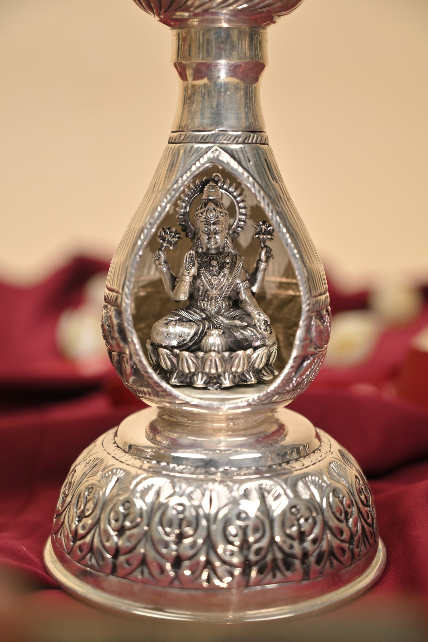German Silver Lakshmi Ganesha Peacock Deepam Pair – Traditional Decorative Pooja Oil Lamps
