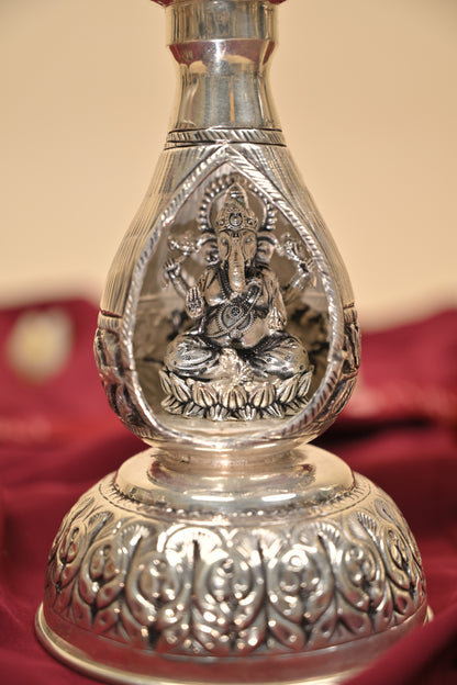 German Silver Lakshmi Ganesha Peacock Deepam Pair – Traditional Decorative Pooja Oil Lamps