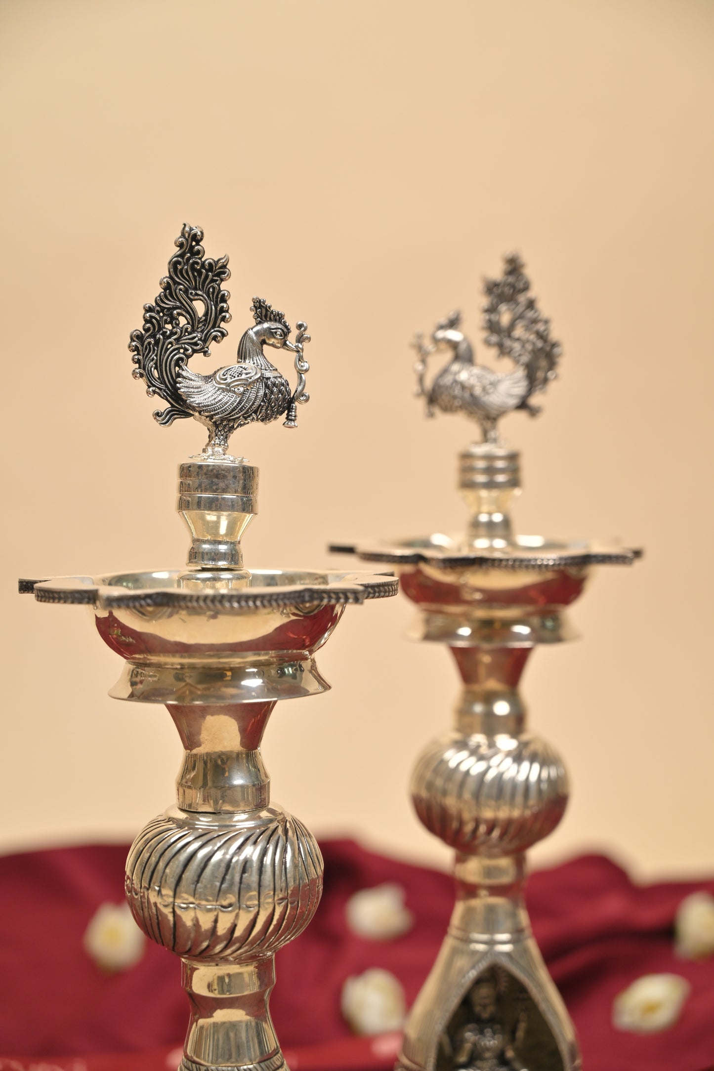 German Silver Lakshmi Ganesha Peacock Deepam Pair – Traditional Decorative Pooja Oil Lamps