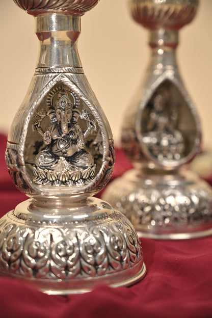 German Silver Lakshmi Ganesha Peacock Deepam Pair – Traditional Decorative Pooja Oil Lamps