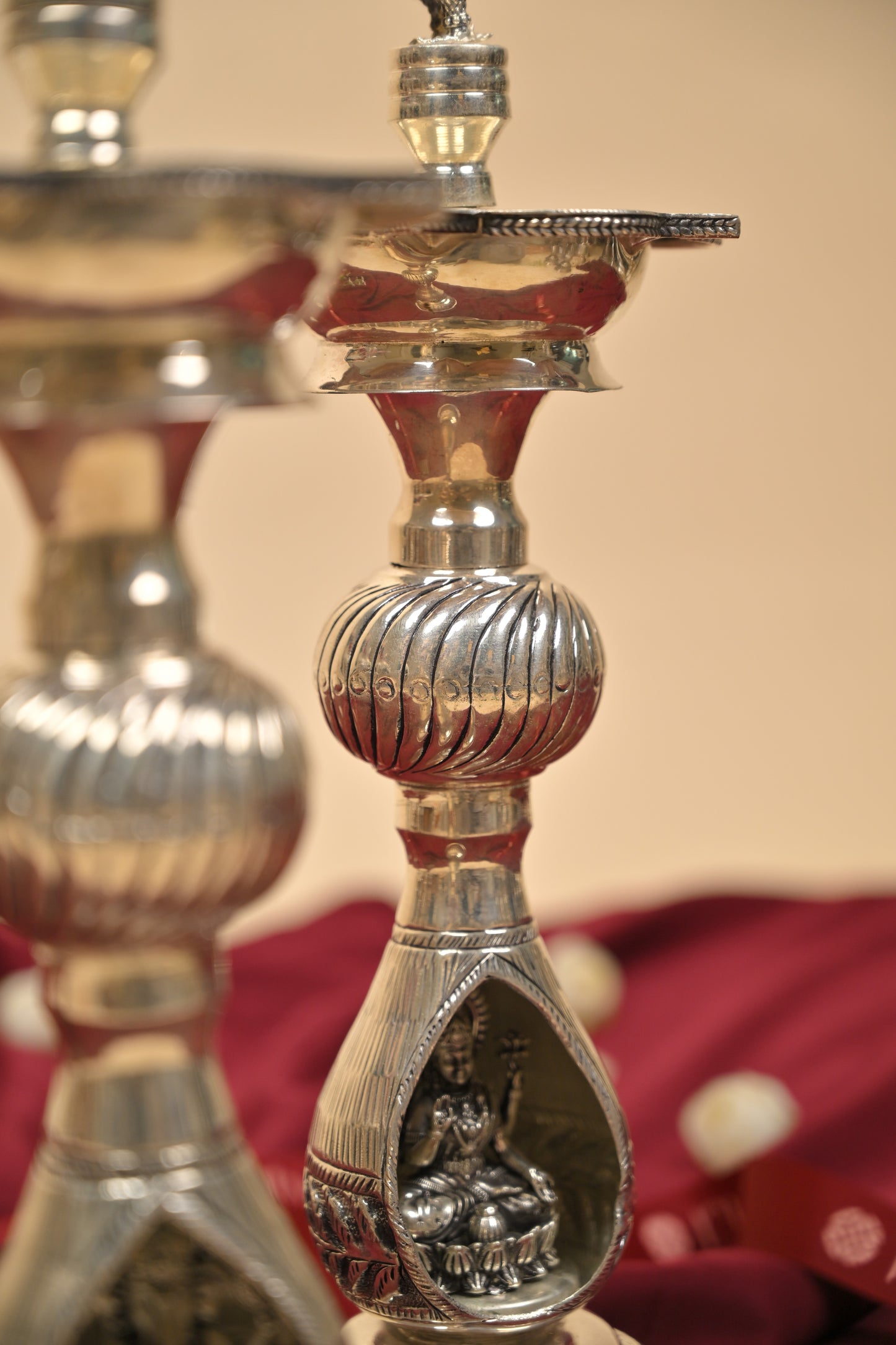 German Silver Lakshmi Ganesha Peacock Deepam Pair – Traditional Decorative Pooja Oil Lamps