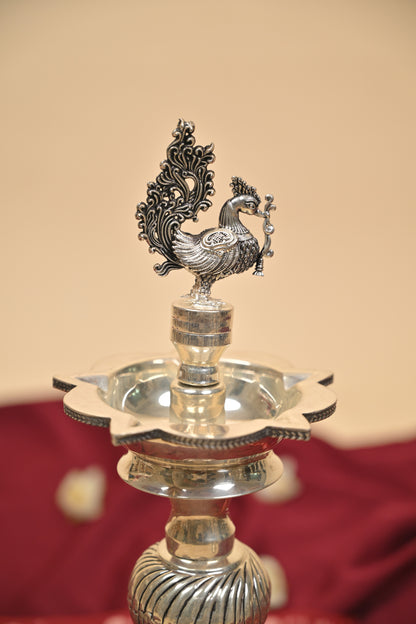 German Silver Lakshmi Ganesha Peacock Deepam Pair – Traditional Decorative Pooja Oil Lamps
