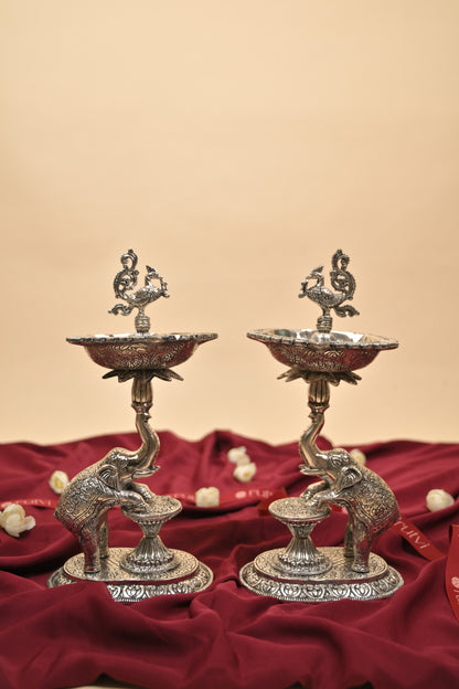 German Silver Mangalachari Elephant Samayi Diya with Plate – Traditional Oil Lamp for Pooja & Home Décor