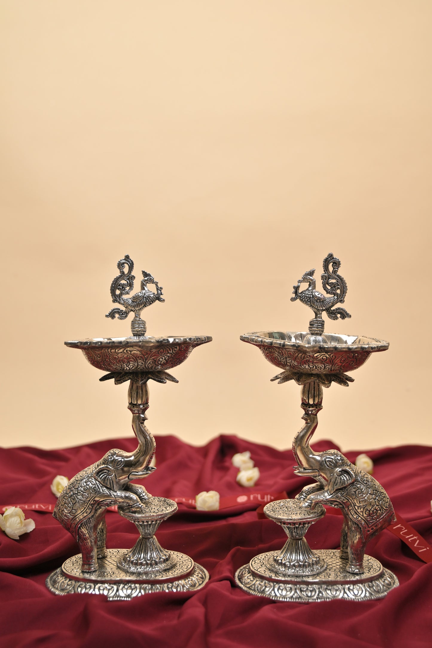 German Silver Mangalachari Elephant Samayi Diya with Plate – Traditional Oil Lamp for Pooja & Home Décor