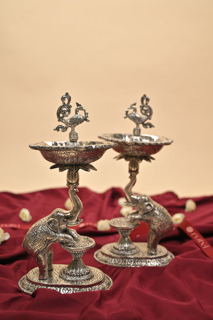 German Silver Mangalachari Elephant Samayi Diya with Plate – Traditional Oil Lamp for Pooja & Home Décor