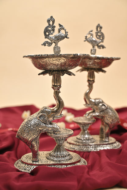 German Silver Mangalachari Elephant Samayi Diya with Plate – Traditional Oil Lamp for Pooja & Home Décor