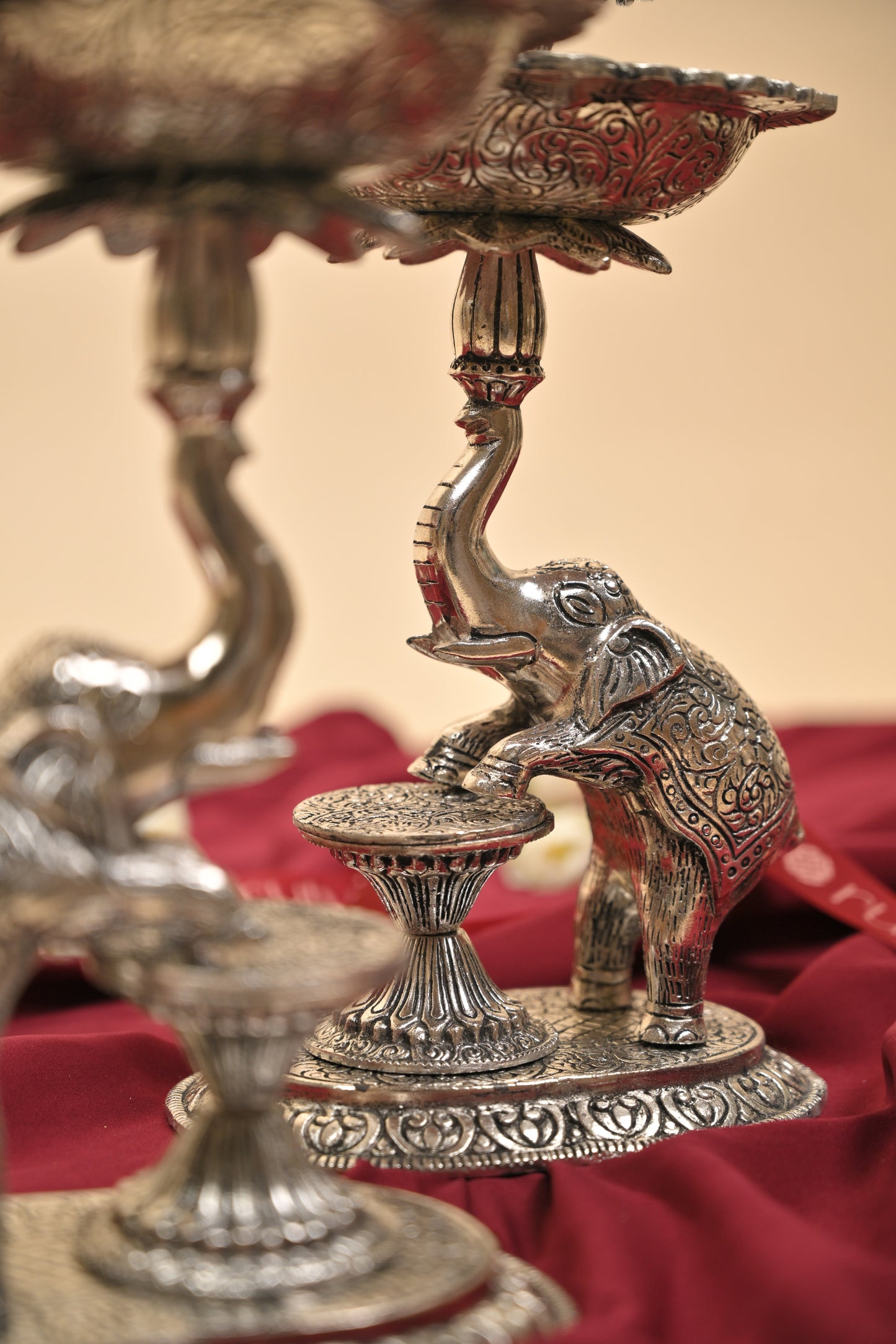 German Silver Mangalachari Elephant Samayi Diya with Plate – Traditional Oil Lamp for Pooja & Home Décor