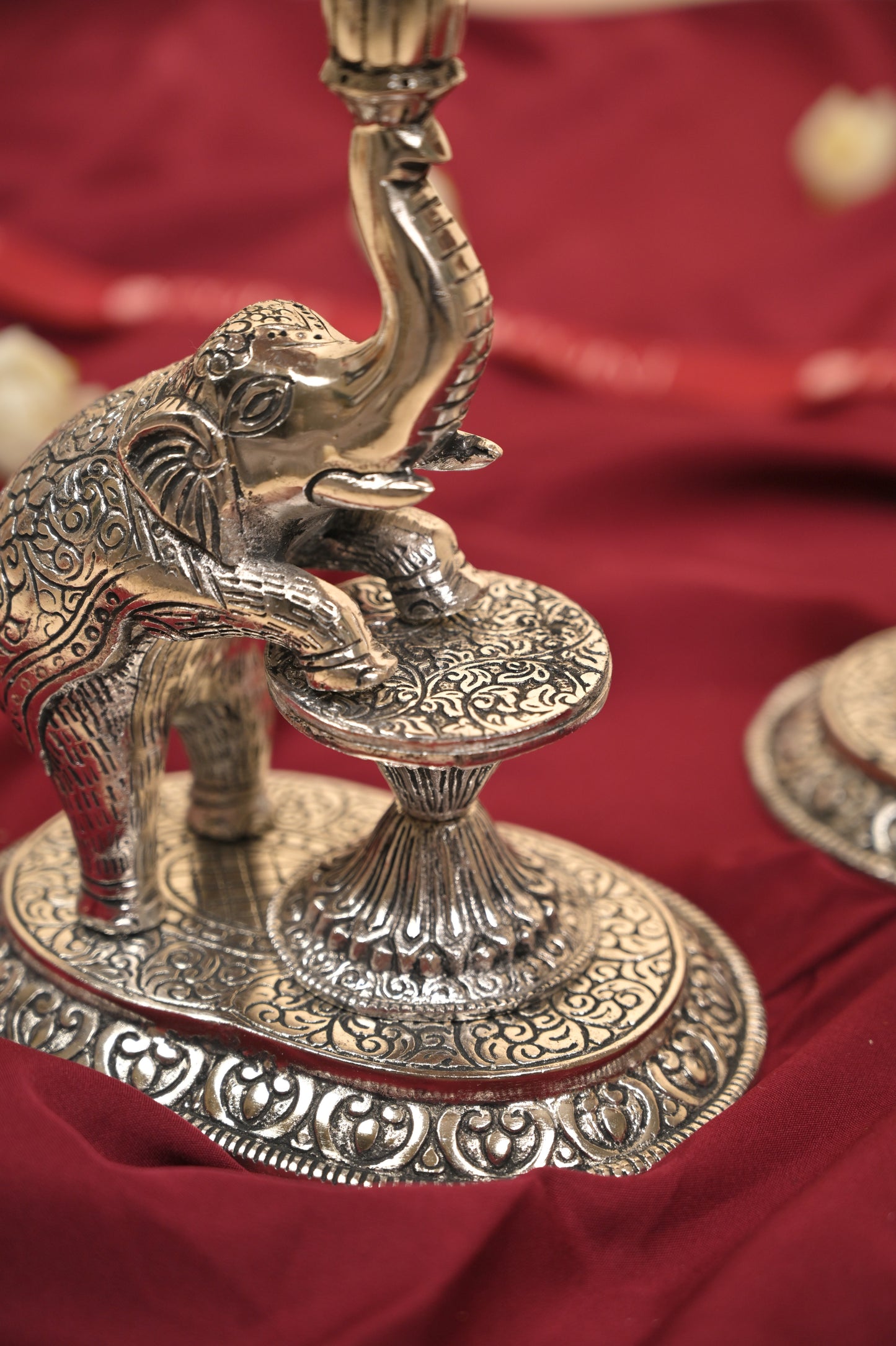 German Silver Mangalachari Elephant Samayi Diya with Plate – Traditional Oil Lamp for Pooja & Home Décor
