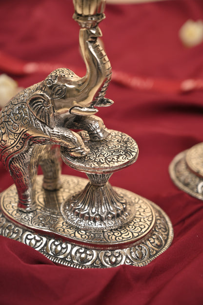 German Silver Mangalachari Elephant Samayi Diya with Plate – Traditional Oil Lamp for Pooja & Home Décor
