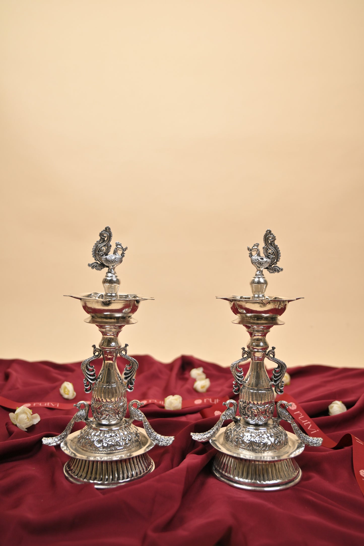 German Silver Peacock Samayi Diya Pair with Ornamental Base – Traditional Oil Lamps for Pooja & Décor