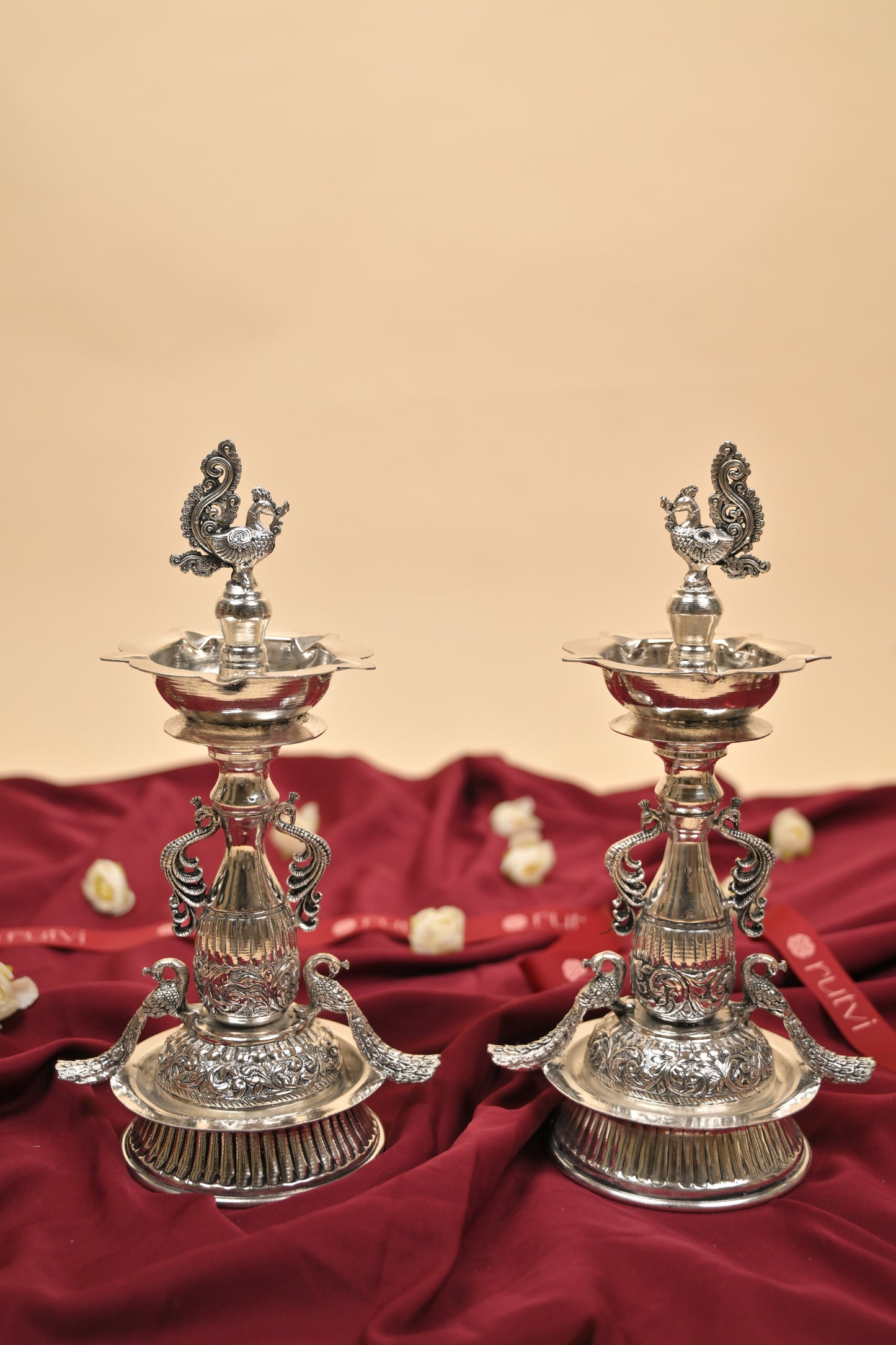 German Silver Peacock Samayi Diya Pair with Ornamental Base – Traditional Oil Lamps for Pooja & Décor