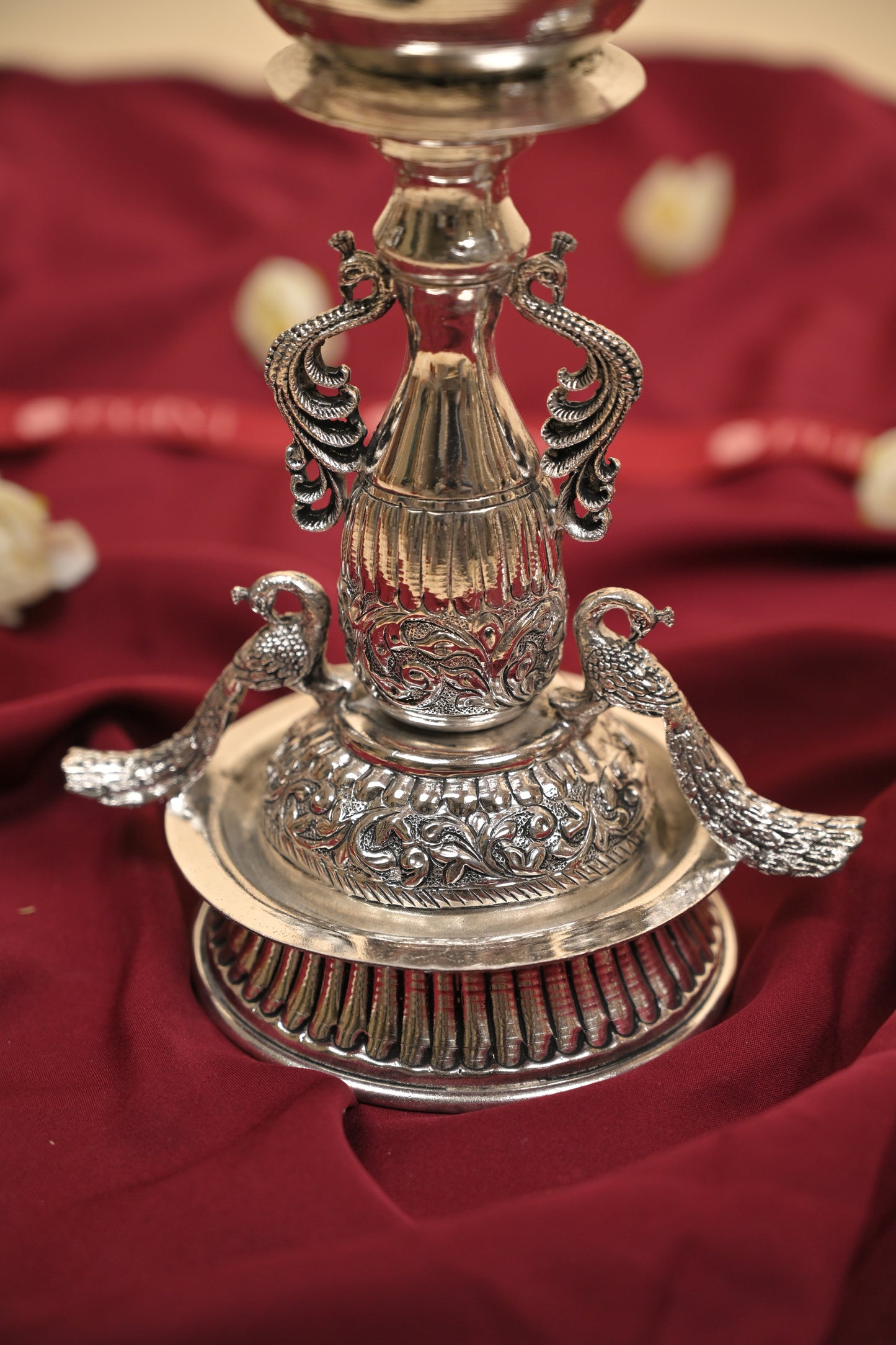 German Silver Peacock Samayi Diya Pair with Ornamental Base – Traditional Oil Lamps for Pooja & Décor