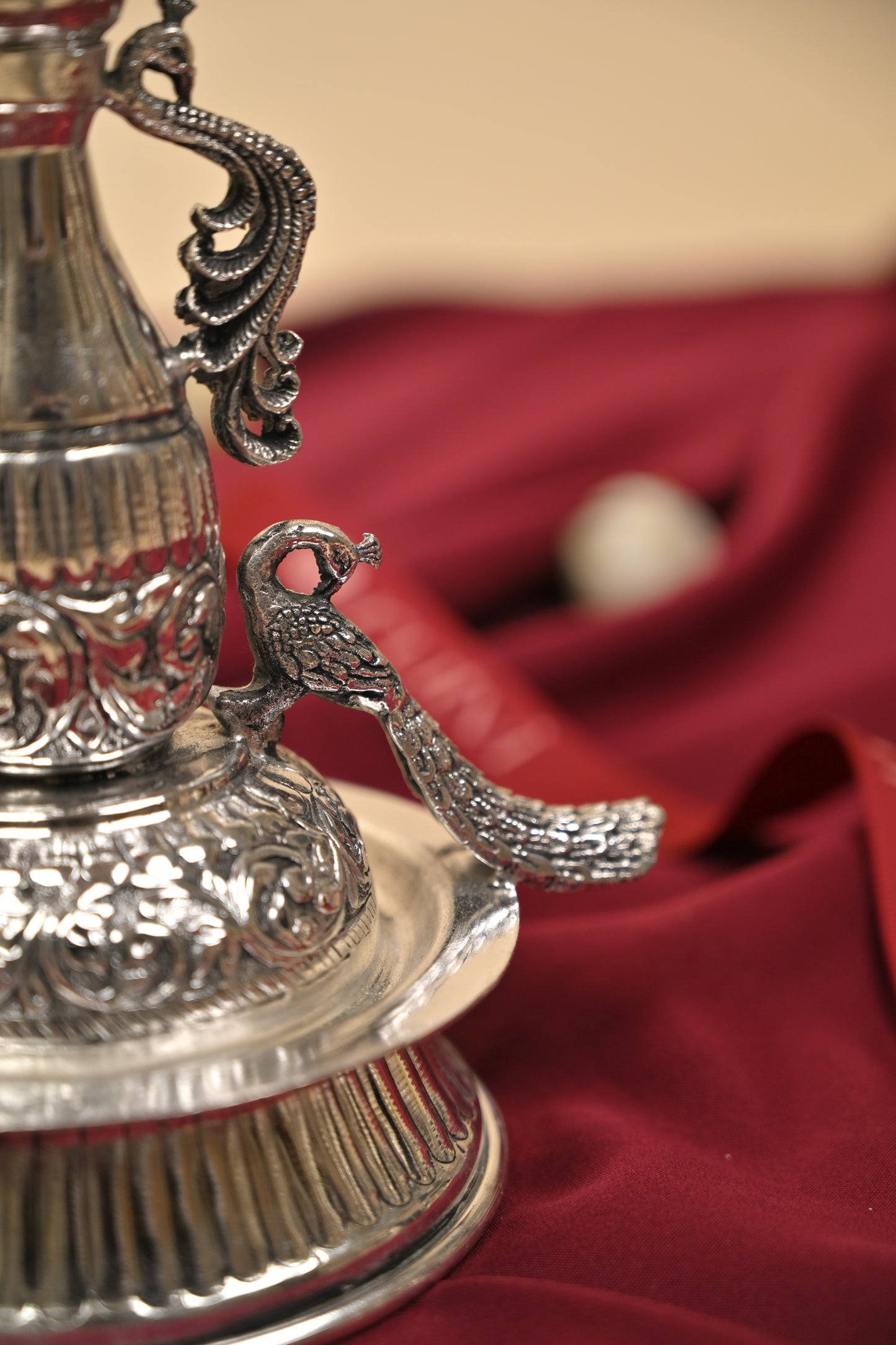 German Silver Peacock Samayi Diya Pair with Ornamental Base – Traditional Oil Lamps for Pooja & Décor