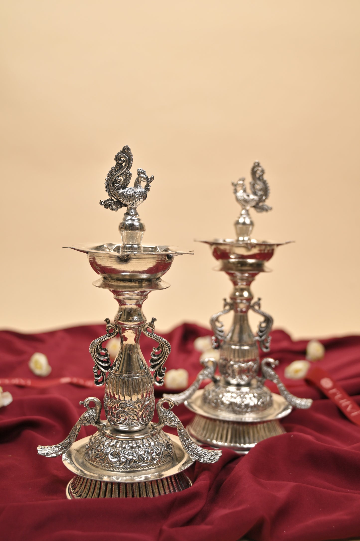 German Silver Peacock Samayi Diya Pair with Ornamental Base – Traditional Oil Lamps for Pooja & Décor
