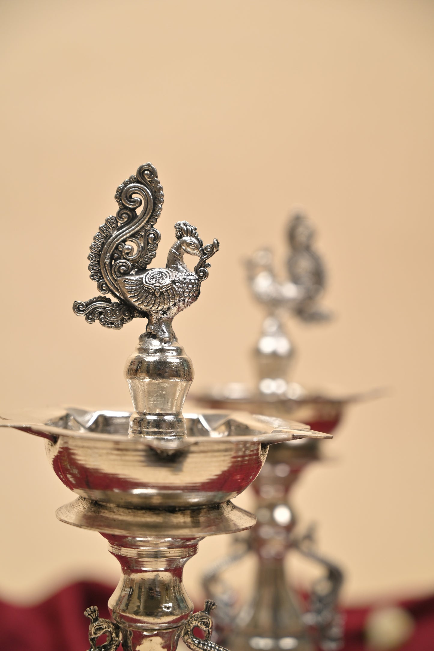 German Silver Peacock Samayi Diya Pair with Ornamental Base – Traditional Oil Lamps for Pooja & Décor