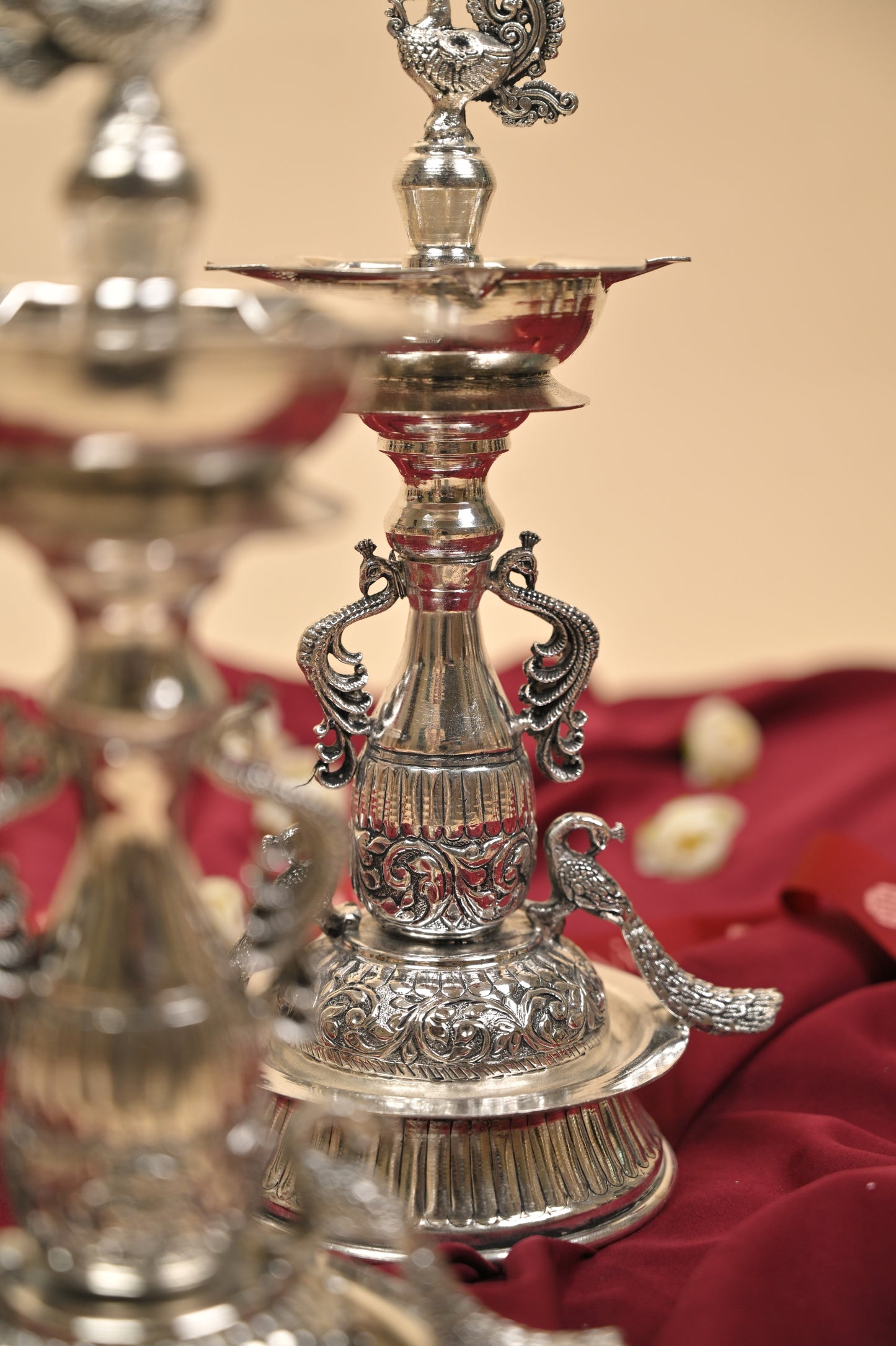 German Silver Peacock Samayi Diya Pair with Ornamental Base – Traditional Oil Lamps for Pooja & Décor