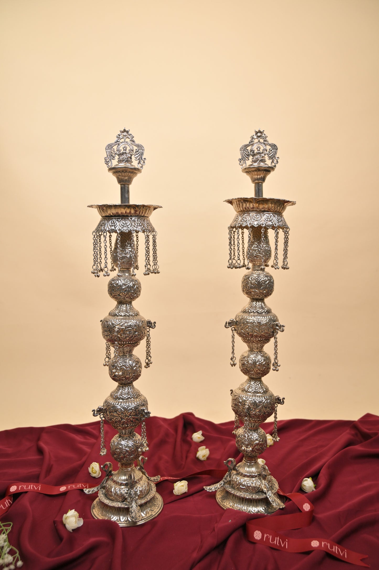 German Silver Tall Traditional Lighting Lamp – Decorative Pooja Oil Lamp for Home & Temple