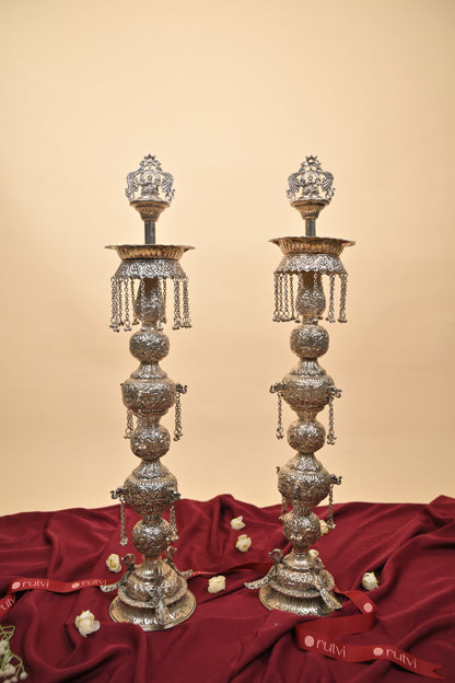 German Silver Tall Traditional Lighting Lamp – Decorative Pooja Oil Lamp for Home & Temple