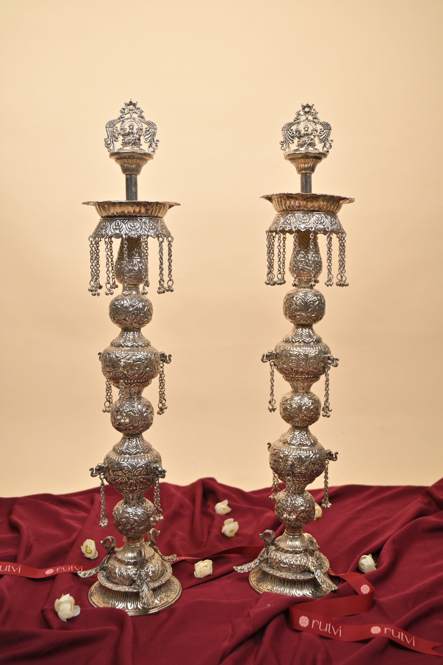 German Silver Tall Traditional Lighting Lamp – Decorative Pooja Oil Lamp for Home & Temple