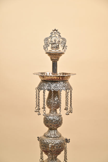 German Silver Tall Traditional Lighting Lamp – Decorative Pooja Oil Lamp for Home & Temple