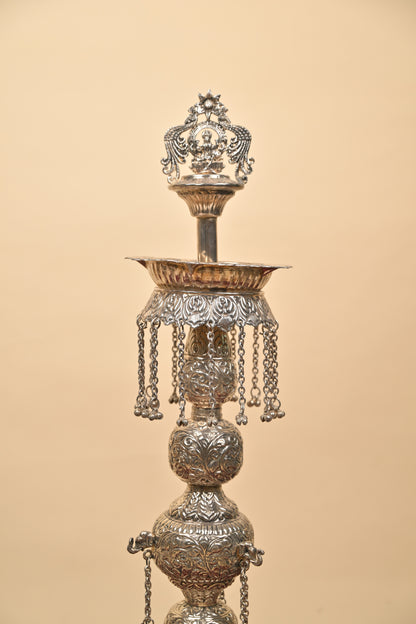 German Silver Tall Traditional Lighting Lamp – Decorative Pooja Oil Lamp for Home & Temple