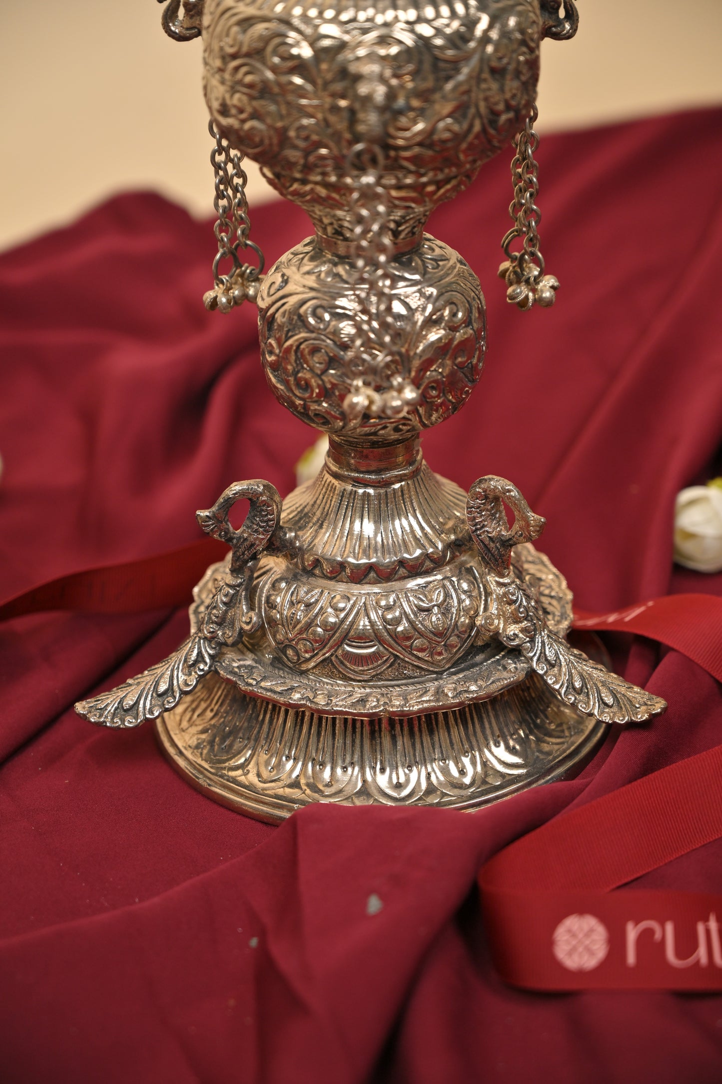 German Silver Tall Traditional Lighting Lamp – Decorative Pooja Oil Lamp for Home & Temple