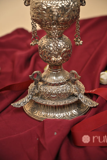 German Silver Tall Traditional Lighting Lamp – Decorative Pooja Oil Lamp for Home & Temple
