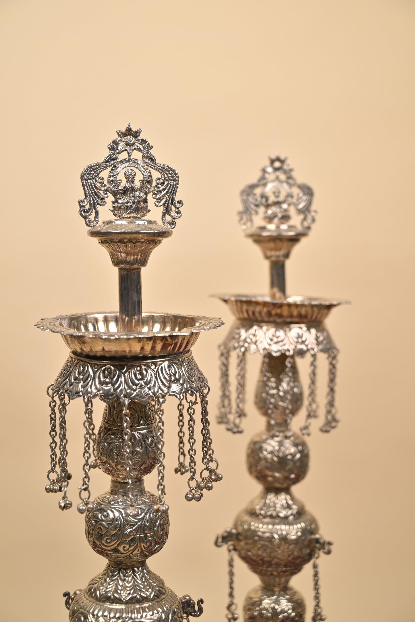 German Silver Tall Traditional Lighting Lamp – Decorative Pooja Oil Lamp for Home & Temple