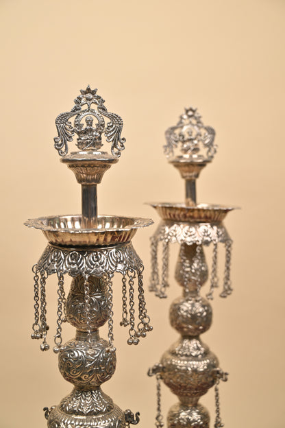 German Silver Tall Traditional Lighting Lamp – Decorative Pooja Oil Lamp for Home & Temple