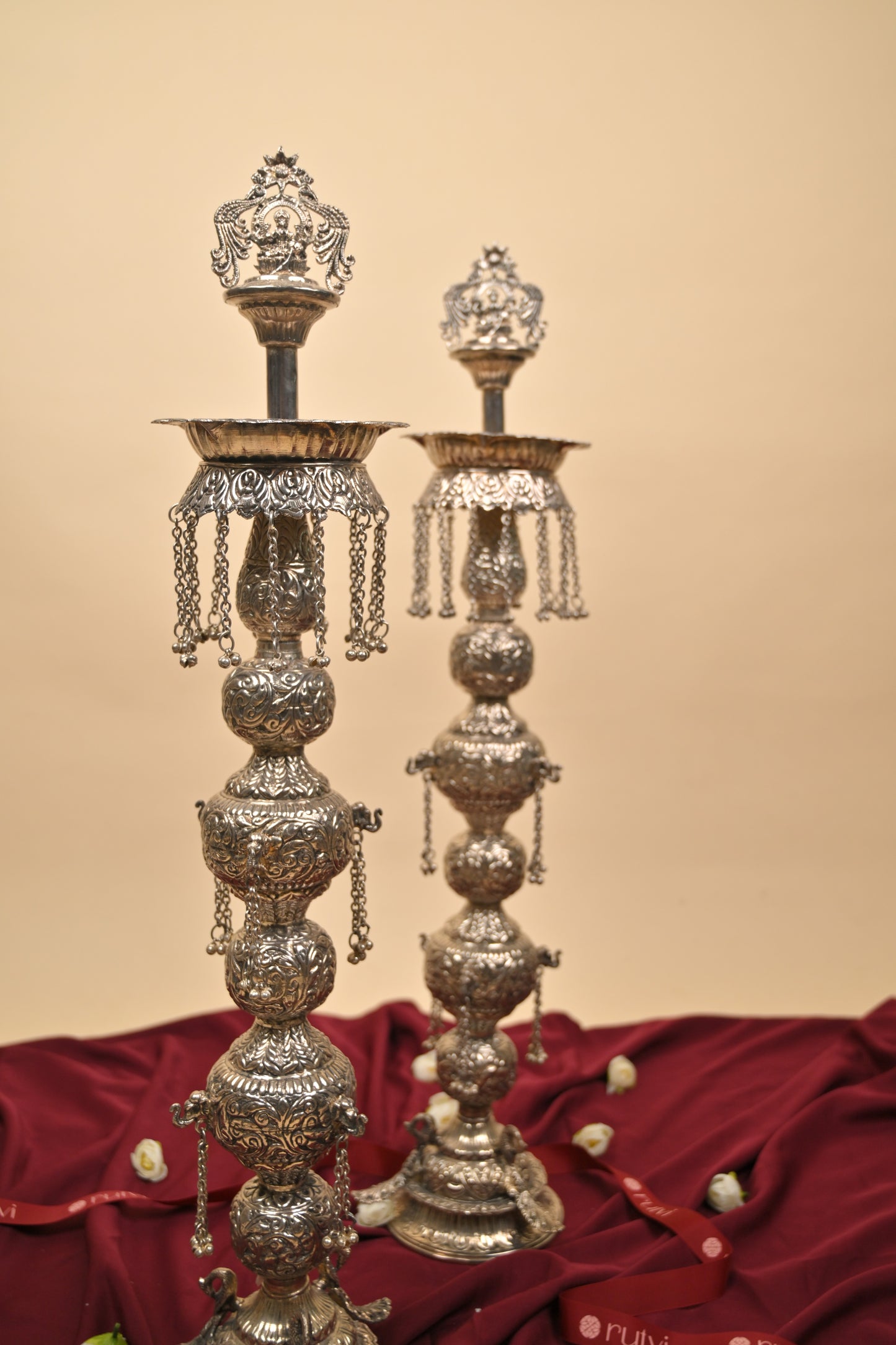 German Silver Tall Traditional Lighting Lamp – Decorative Pooja Oil Lamp for Home & Temple