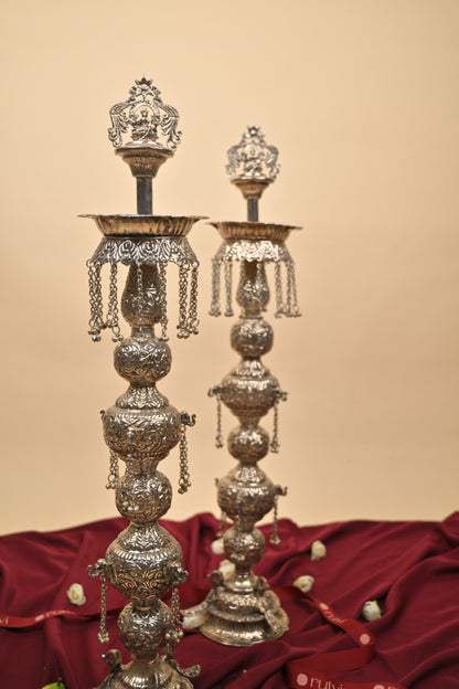 German Silver Tall Traditional Lighting Lamp – Decorative Pooja Oil Lamp for Home & Temple