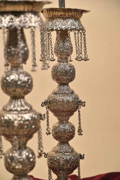 German Silver Tall Traditional Lighting Lamp – Decorative Pooja Oil Lamp for Home & Temple
