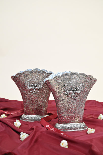 German Silver Embossed Swan Design Decorative Planter Pot – Traditional Floral Urli Vase for Home Décor Set of 2