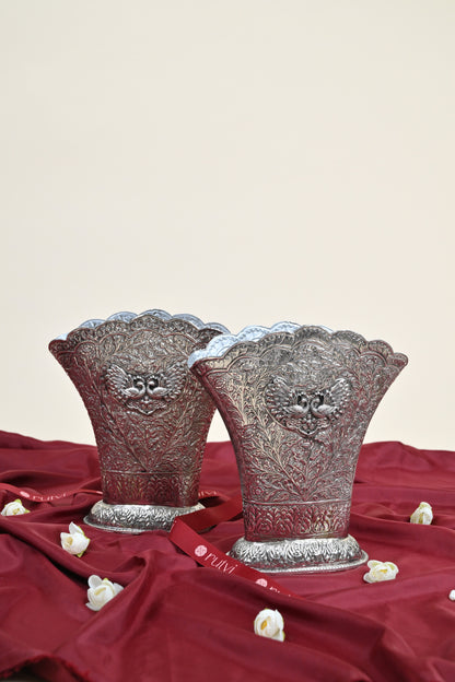 German Silver Embossed Swan Design Decorative Planter Pot – Traditional Floral Urli Vase for Home Décor Set of 2