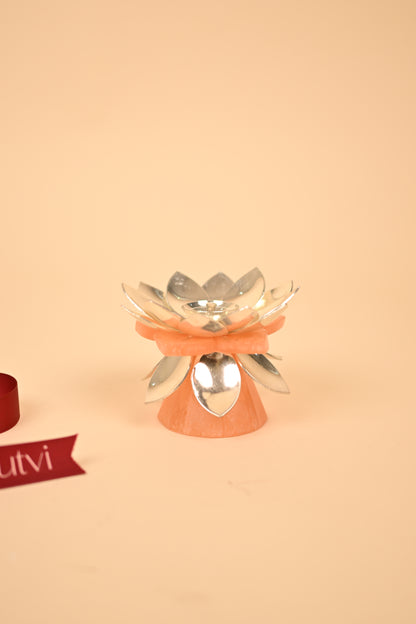 German Silver Lotus Pink Resin Base Diya – Handcrafted Festive & Pooja Essential